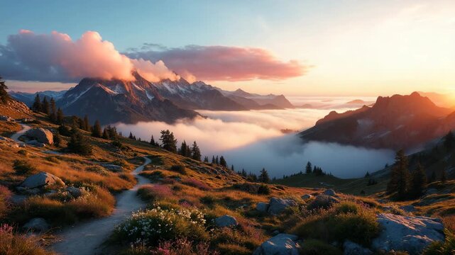 Scenic sunrise over misty mountain landscape