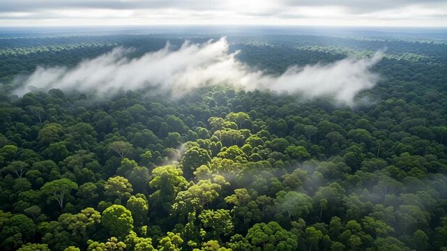 Aerial View of Amazon Rainforest Canopy with Clouds and Sunlight.