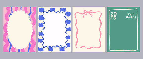 A set of vertical card templates in a cute hand-drawn style, vintage frames, and striped or checkered patterns. Ideal for invitations and social media stories. Dophamine design