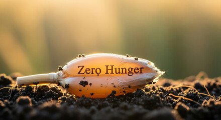 Grain seed with "Zero Hunger" text in warm sunlight