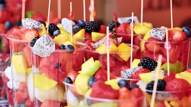 Healthy fresh fruit salad cups with berries and exotic fruit for street food vending