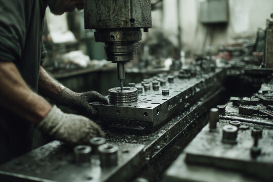 Metalworker operating industrial milling machine in workshop. Engineer using precision equipment to manufacture metal parts, concept of mechanical engineering, industry, production, technology