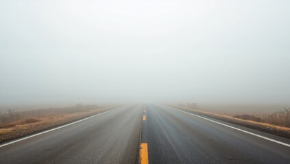 Naklejka premium Empty Asphalt. A Journey Into the Grey, Cold Depths of a Misty Landscape, Somewhere Far.