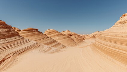 Ethereal Sandscape Abstract Rock Formations with Clear Blue Sky Above, Striped Texture.