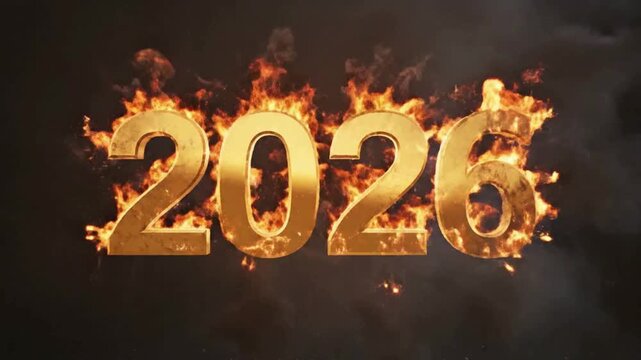 Dramatic 2026 Gold Text Reveal with Fire and Smoke Explosion Opener.