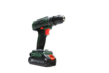 20V Lithium-ion cordless electric drill/driver for home improvement, DIY, and professional carpentry work, on white background. Portable, modern power tool for construction and repair projects.