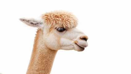 Obraz premium Fluffy Head, Long Neck. A Profile of Light Fur and Gentle Gaze on a White Backdrop.