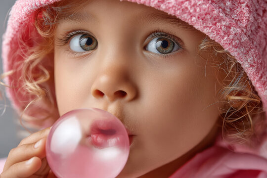 Young girl blows a pink bubble gum bubble indoors, showcasing her playful expression