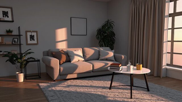 Animated 4K virtual interior backgrounds cozy living room scene sunset warm beige grey tones designed lo fi aesthetic overlay Twitch Zoom OBS VTuber streaming applications