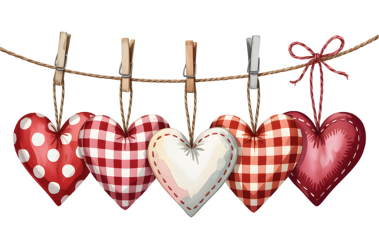 A line of five decorative heartshaped ornaments hanging on a string with clothespins