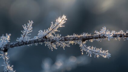 Obraz premium Frost Crystals Adorning a Twig, Sparkling in the Morning Light, a Winters Tale.
