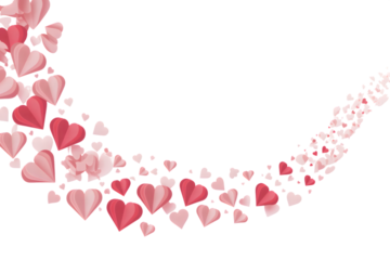 A flowing wave of red and pink paper hearts isolated on a transparent background, symbolizing love and romance