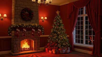 Cozy christmas living room with festive tree and glowing fireplace ambiance