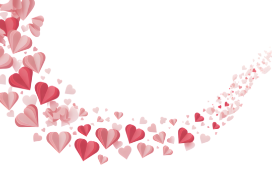 A flowing wave of red and pink paper hearts isolated on a transparent background, symbolizing love and romance