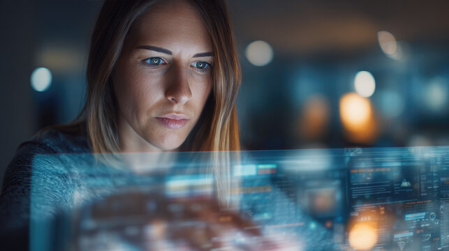 Female scientist studying holographic molecular structure in serene white lab, glowing details, focused research