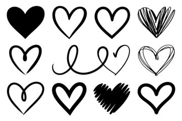 Collection of handdrawn heart icons in black and white