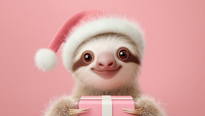 Obraz premium a cute, happy Sloth wearing a santa claus hat and holding a gift box, isolated on a pastel pink background
