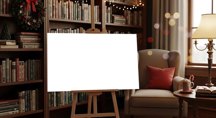 Cozy art studio with blank canvas, warm lighting, and festive holiday decorations.