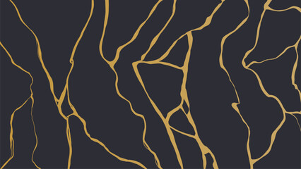 Gold luxury kintsugi crack poster. Japanese art of repairing broken pottery. Vector illustration horizontal backdrop poster background with intertwine graceful veins. gold broken seams