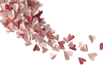 A cascade of pink and red paper hearts falling from the top left corner