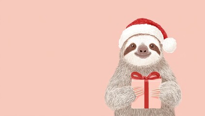 Obraz premium a cute, happy Sloth wearing a santa claus hat and holding a gift box, isolated on a pastel pink background