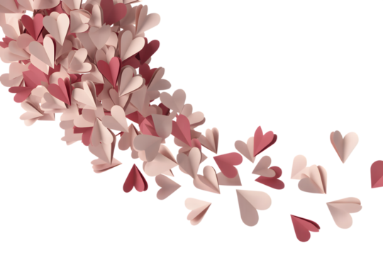 A cascade of pink and red paper hearts falling from the top left corner