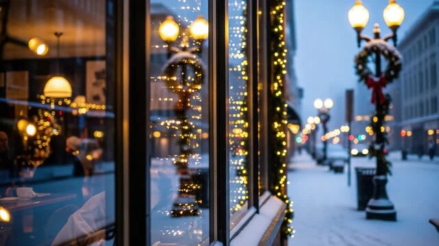 Festive city street reflections: snowy evening with christmas lights and passing cars
