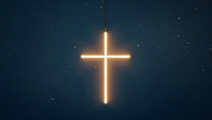 Fototapeta premium Neon Cross Against Starry Night. An Abstract Glow in the Dark Blue Cosmos.