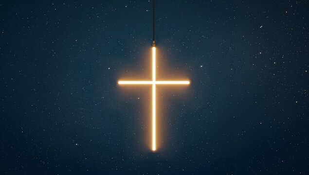 Neon Cross Against Starry Night. An Abstract Glow in the Dark Blue Cosmos.