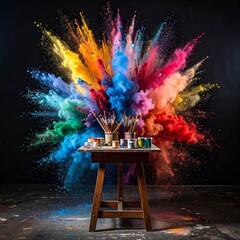 Explosion of colorful paint over an artist’s desk. Symbol of creativity, inspiration, and the power of art. Perfect for design, advertising, and creative concepts.