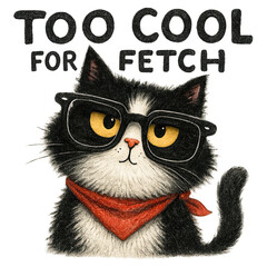 Cat wearing glasses with red bandana and caption "TOO COOL FOR FETCH"