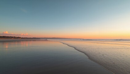 Serene Coastal Horizon, Reflections in the Water Gradient Skies, Tranquil Atmosphere.