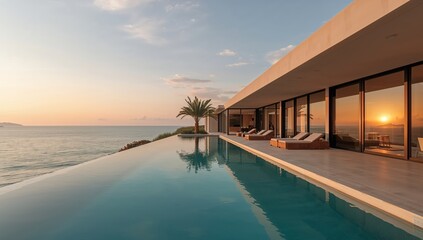 Fototapeta premium Serene Coastline Villa, Embracing the Horizon with Reflections of Sunset Colors.