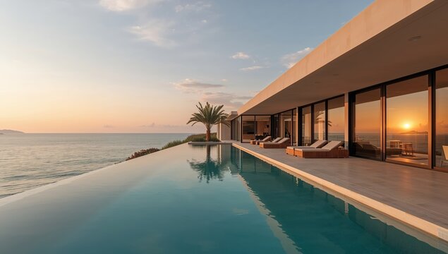 Serene Coastline Villa, Embracing the Horizon with Reflections of Sunset Colors.