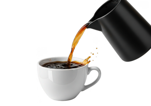 Pouring rich dark coffee into a white mug creating a delightful splash and aroma