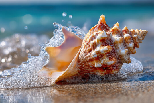 Seashell on the beach with gentle waves