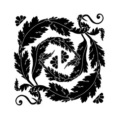 Art nouveau hand drawn black silhouette acanthus leaves decorative element frame. Vintage monochrome botanical design border vector illustration. Classic floral motif deco style