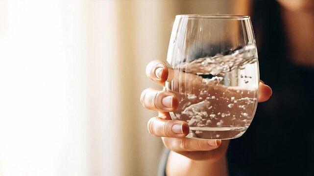 Refreshment in Hand: A close-up shot of a hand gently holding a glass of clear, sparkling water, inviting a moment of revitalization and clarity.