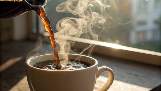 Freshly brewed Colombian coffee pouring into a ceramic cup, steam swirling in sunlight beams, macro composition capturing liquid motion and bean origins in blur.