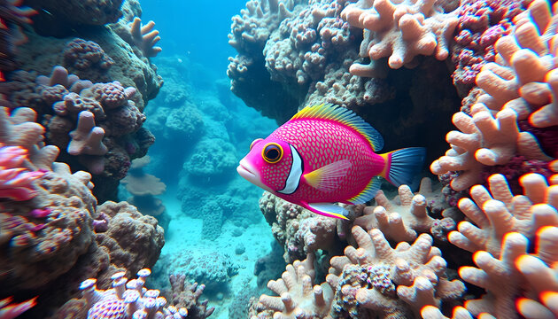 A vibrant pink fish swimming near coral reefs underwater view