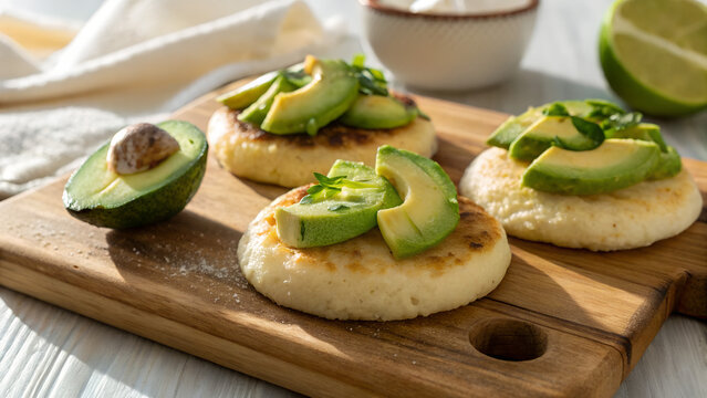 Freshly made arepas topped with avocado slices on a wooden board, fresh morning light highlighting ingredients, clean food photography composition.