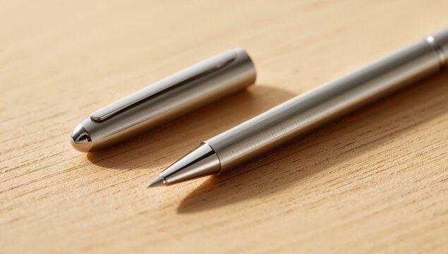 Silver Writing Instrument and Cap on Wooden Surface, Light Brown Texture, Close Up.