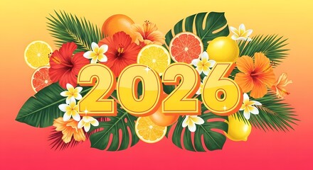 Tropical new year 2020 celebration with fruits and flowers