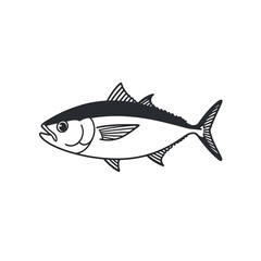 Fototapeta premium Simple hand-drawn illustration of a sleek tuna fish in minimalist black and white style, ideal for seafood branding, fishing emblems, or aquatic designs