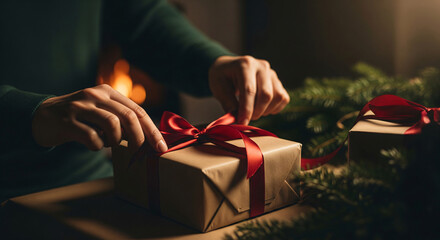 Cozy, atmospheric close-up of hands tying a red satin ribbon on a Christmas gift by a warm fireplace. A heartfelt moment of holiday preparation, giving, and festive tradition in a dimly lit room.