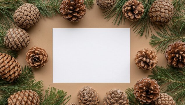 Simple Brown Background with Pine Cones and Evergreen Sprigs, Ready for Your Design.