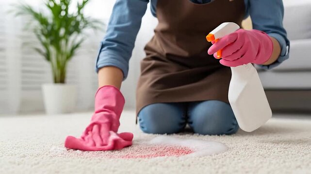 Cleaning up the mess: A person wearing gloves diligently cleans a stain on a carpet, demonstrating effective stain removal