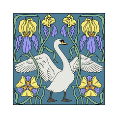 Art nouveau style modern hand drawn elegant swan and iris flowers symmetrical composition