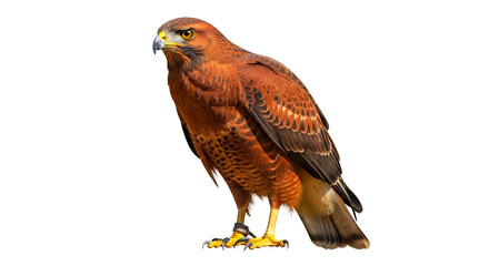Harriss Hawk portrait isolated on white a beautiful bird of prey with brown and reddish-brown plumage