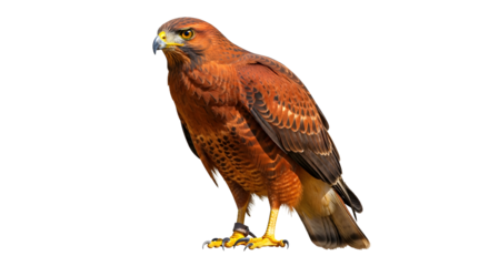 Harriss Hawk portrait isolated on white a beautiful bird of prey with brown and reddish-brown plumage